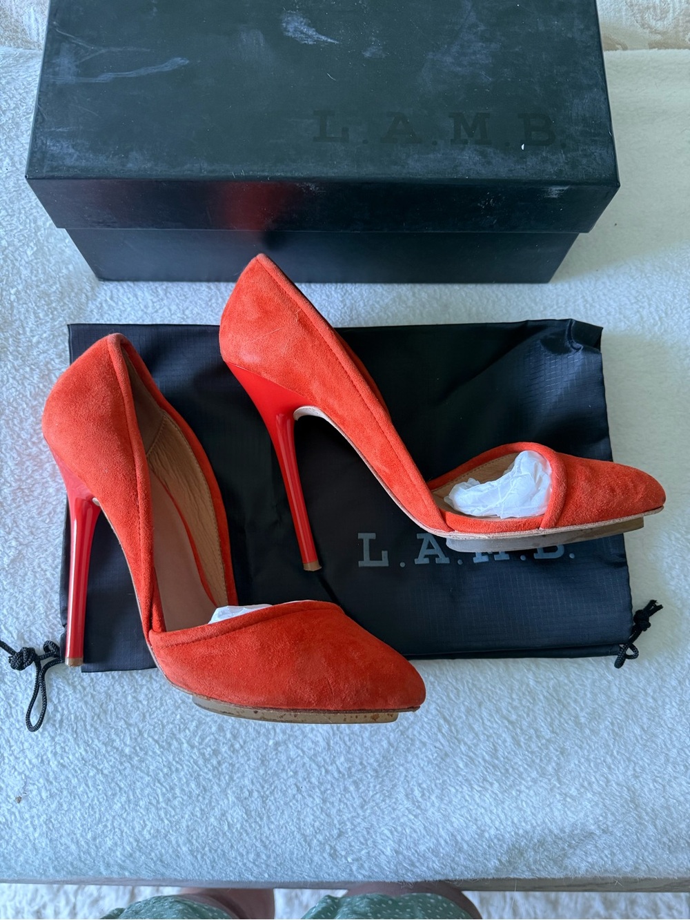 L.A.M.B. Meredith Orange Suede Pointed-Toe Pumps - Picture 2 of 8